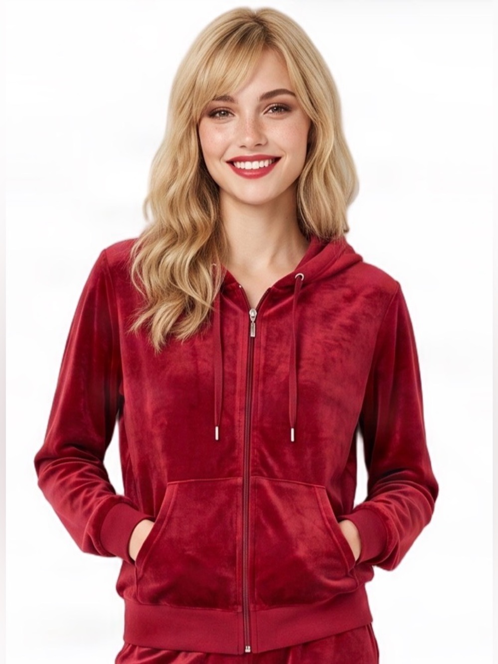 TRACKSUIT Red Velour Zip Hoodie & Drawstring Sweatpants Soft Lux Chic Streetwear - Picture 4 of 14